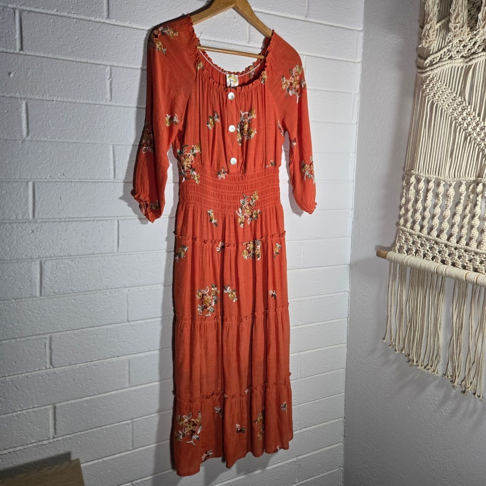 FIG & FLOWER Embroidered Peasant Tiered‎ Maxi Dress Medium Oversized Boho Shell